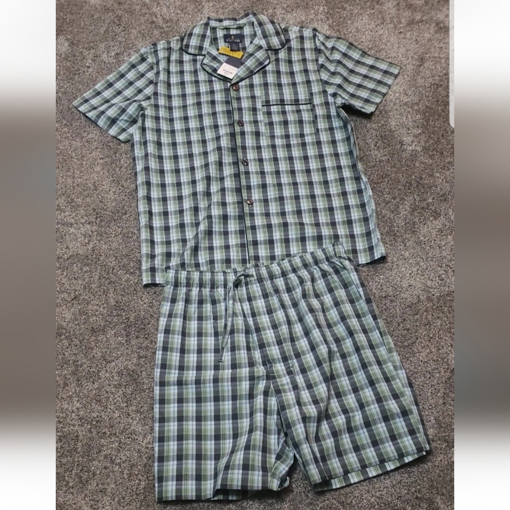 New Stafford Mens Pajama set cotton Sz M blue green plaid shirt & shorts NWT